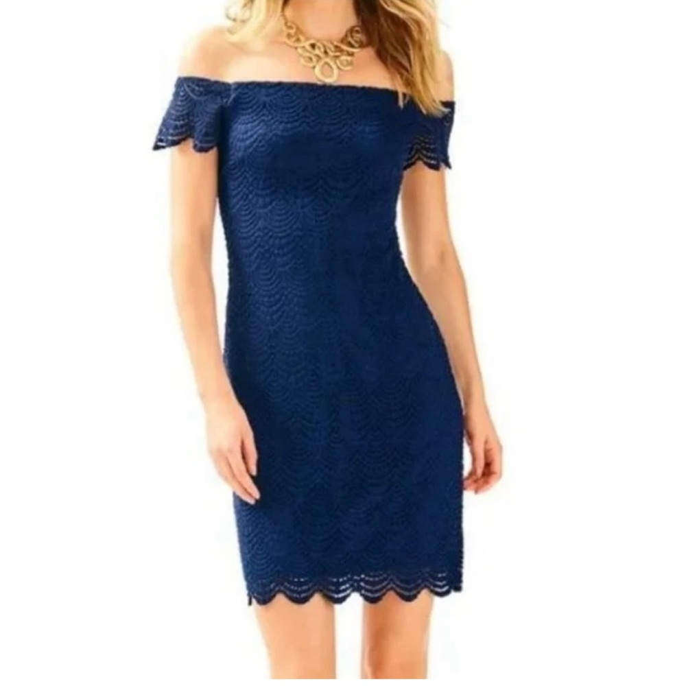 Lilly Pulitzer Jade Dress In True Navy Scalloped Shell Lace Size L Off Shoulder